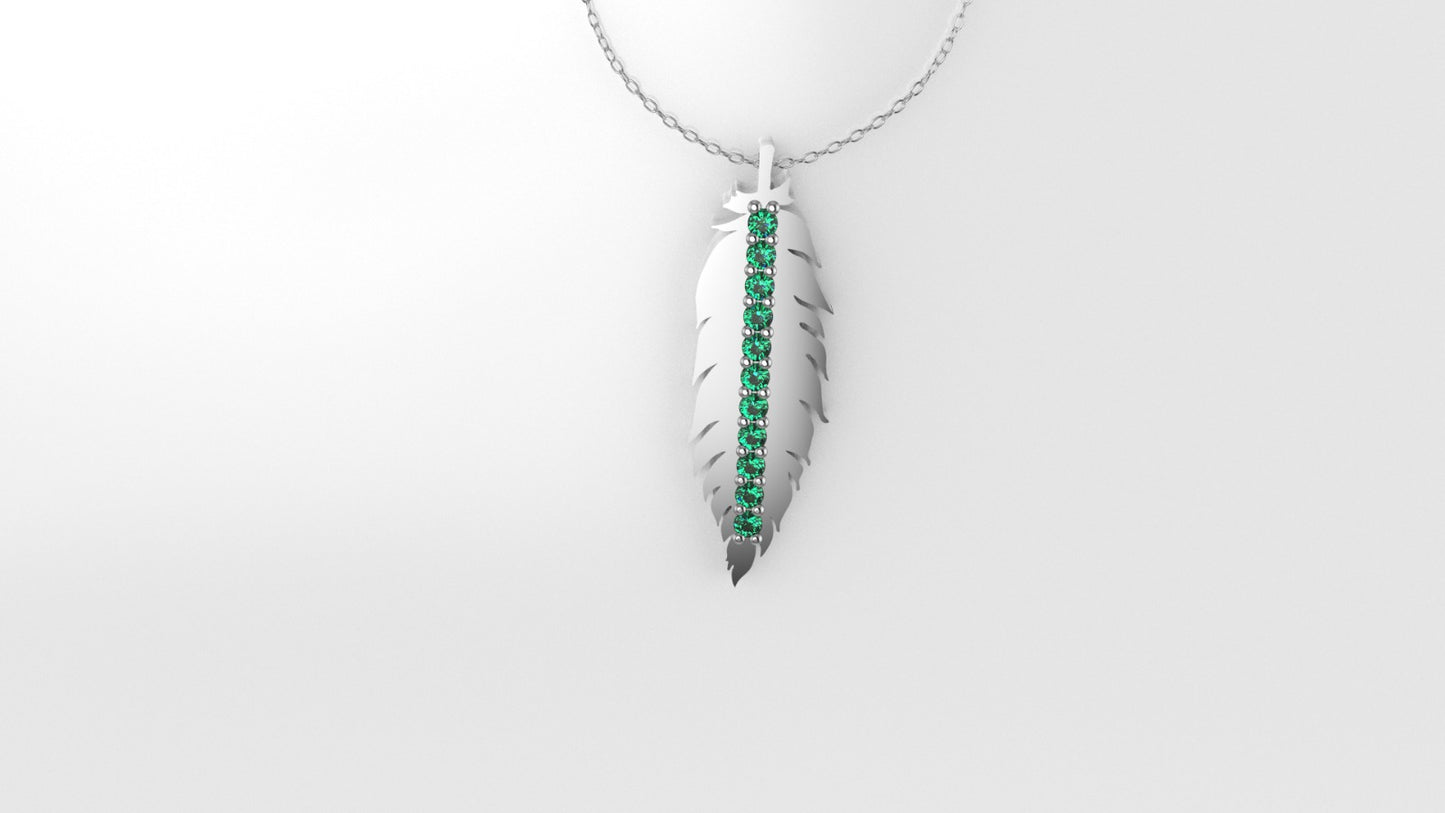 14K Pendant with 11 EMERALDS 1mm each, includes 18 inch Chain, "bird feather in solid gold"