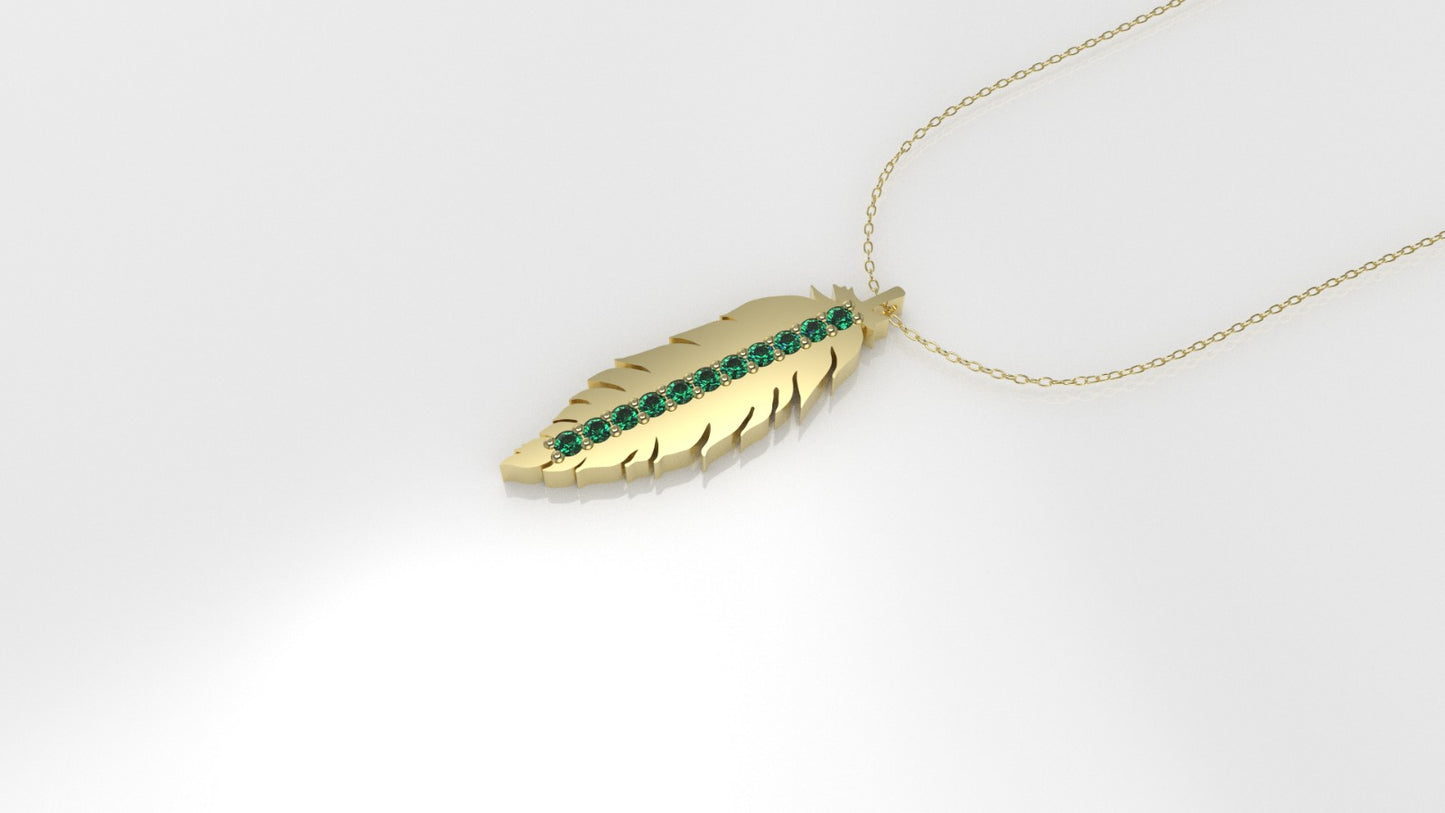 14K Pendant with 11 EMERALDS 1mm each, includes 18 inch Chain, "bird feather in solid gold"