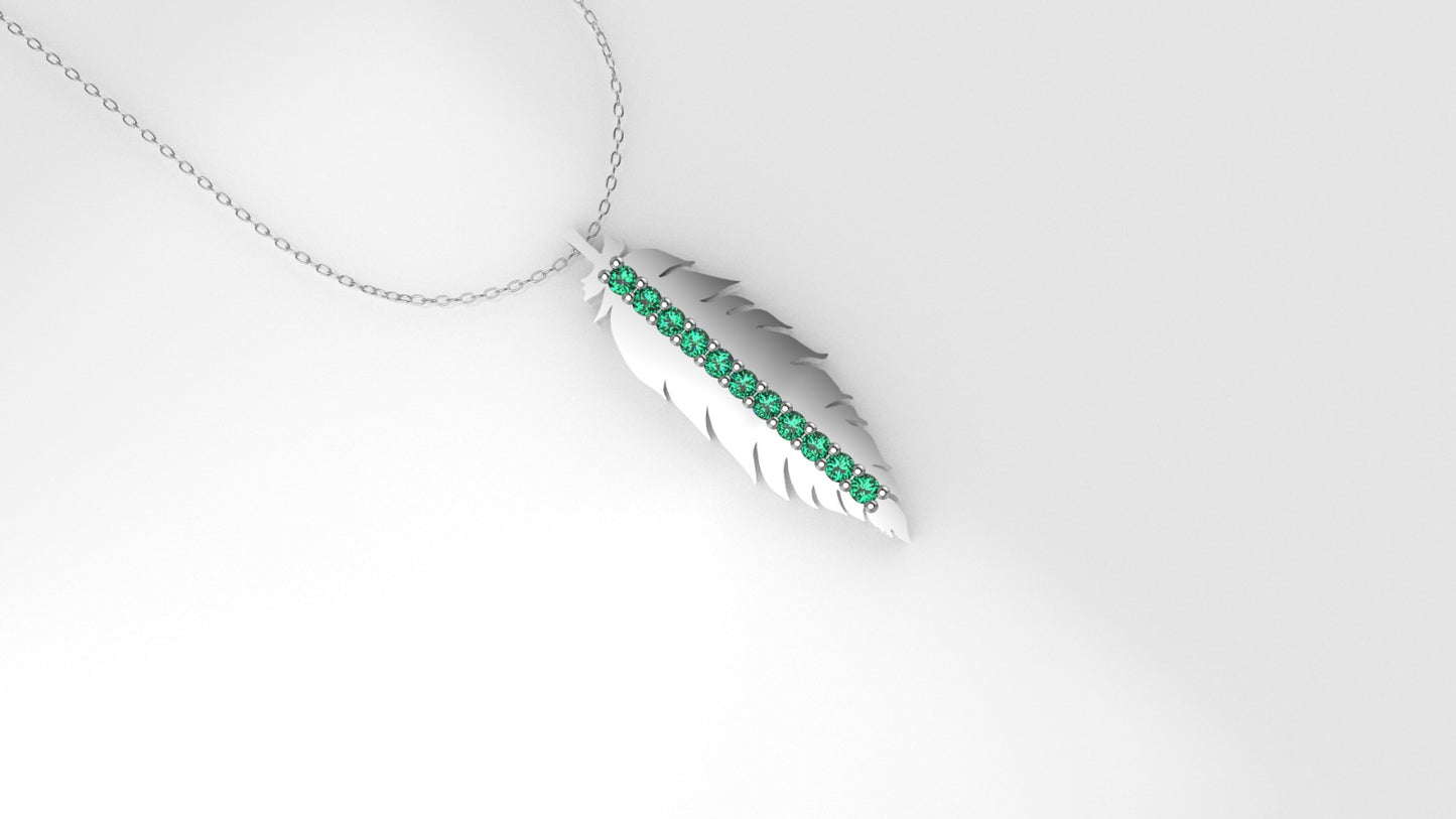 14K Pendant with 11 EMERALDS 1mm each, includes 18 inch Chain, "bird feather in solid gold"