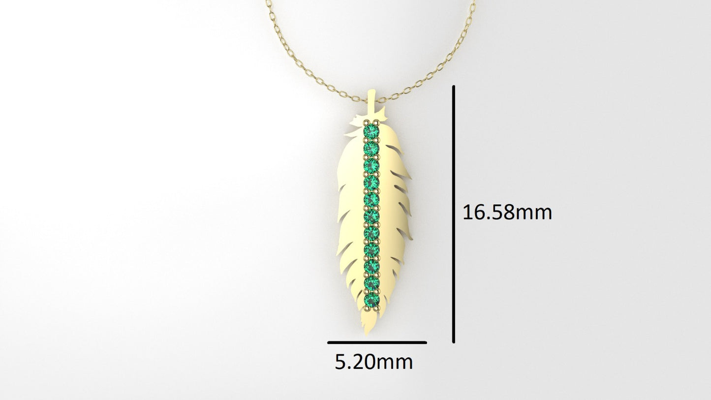 14K Pendant with 11 EMERALDS 1mm each, includes 18 inch Chain, "bird feather in solid gold"