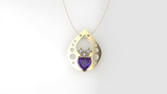 14K Pendant with 3 MOISSANITE 2mm VS1 each and 1 AMETHYST 6.5mm, includes 18 inch chain, Stones Heart and Round