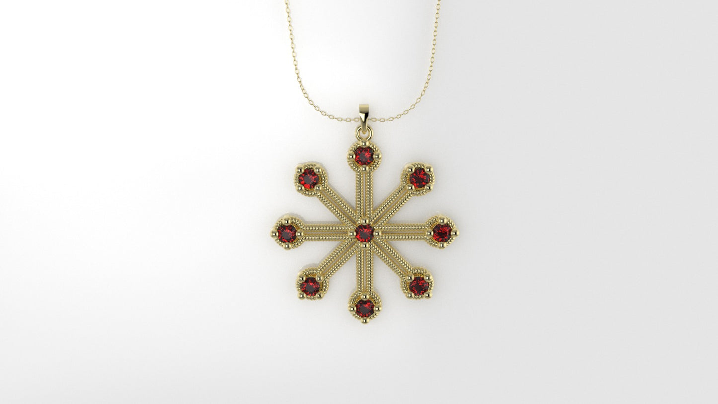 14K Pendant with 9 RUBY 2mm, includes 18 inch Chain, 8 point star, "twisted style"