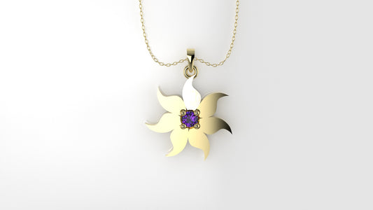 14K Pendant with 1 Amethyst 2mm, includes 18 inch Chain, "7 point star, 4 Prongs"