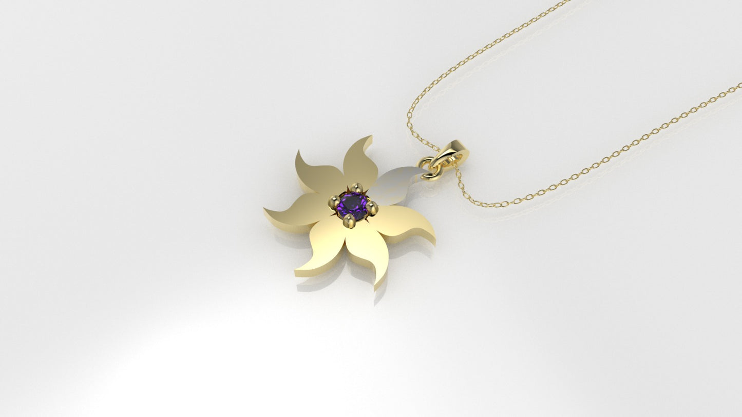 14K Pendant with 1 Amethyst 2mm, includes 18 inch Chain, "7 point star, 4 Prongs"