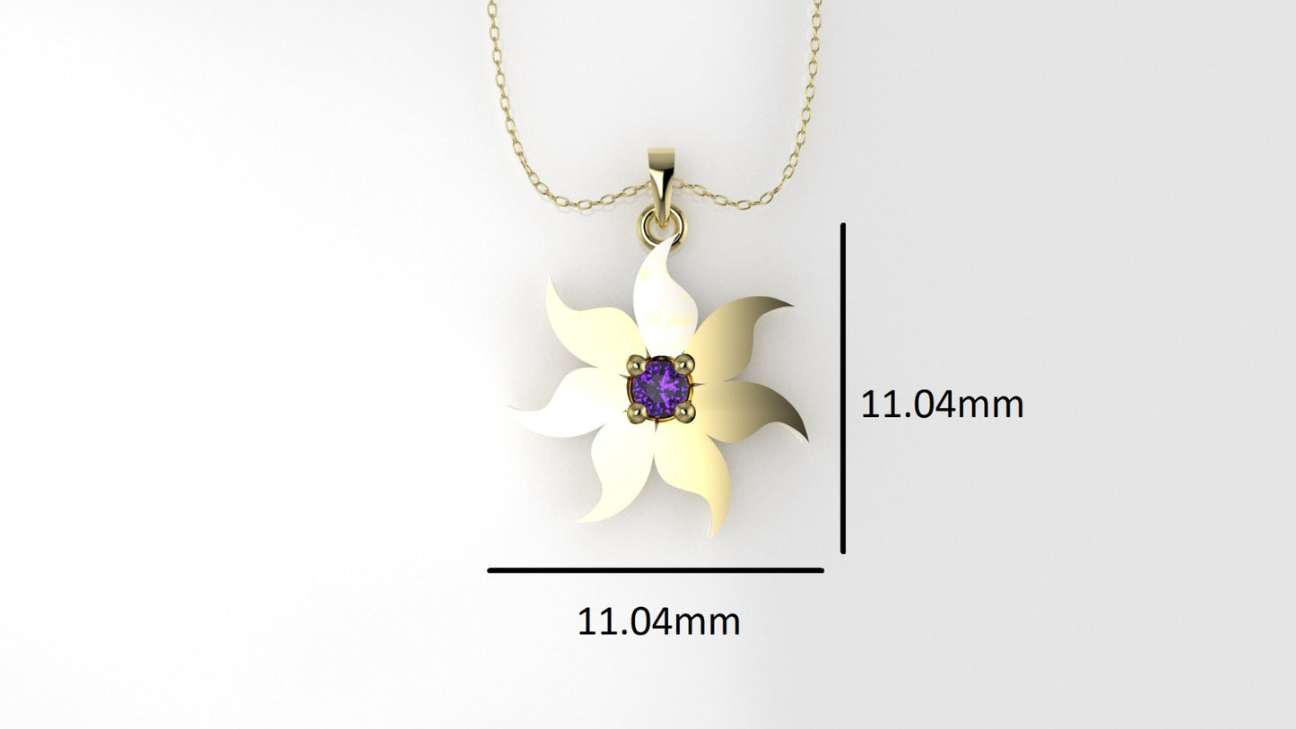 14K Pendant with 1 Amethyst 2mm, includes 18 inch Chain, "7 point star, 4 Prongs"