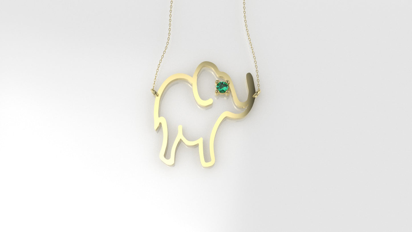 14K Pendant with 1 EMERALD 2mm, includes 18 inch Chain, "Elephant solid gold"