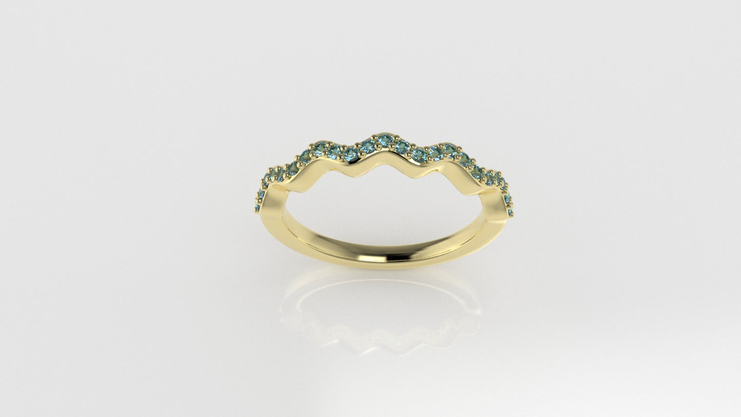 14K Engagement Gold Ring with 25 Aquamarine 1.2mm each, stt prong, "zigzag shape"