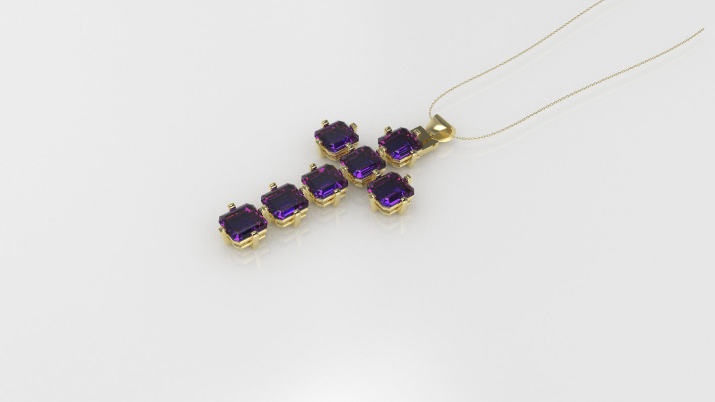 14K Pendant with 7 Amethyst 5.5mm each, Only Pendant, " cross style"