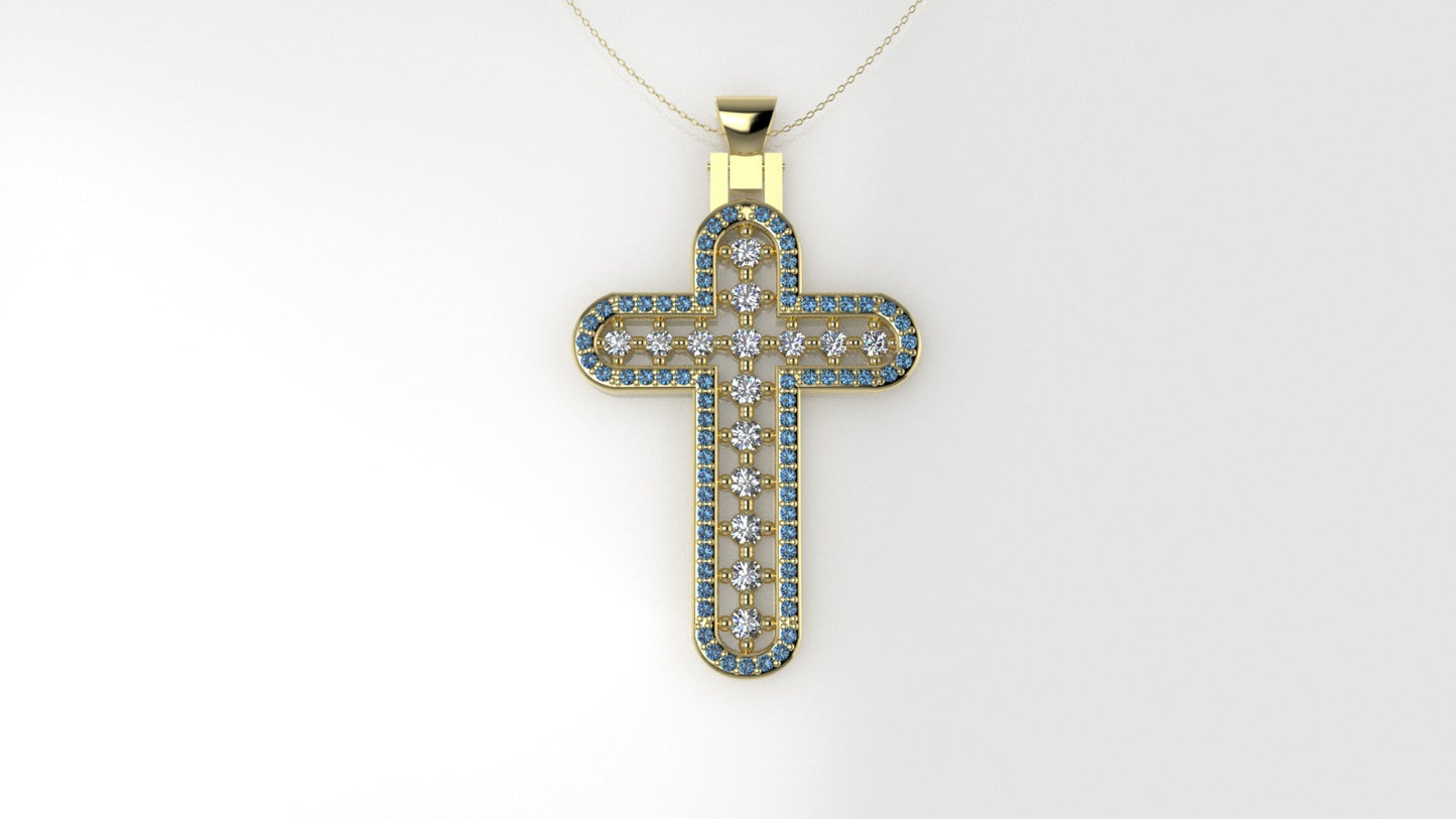 14K Pendant with 15 Diamonds 2mm each and 71 Blue Topaz 1mm each, Only Pendant, "Cross style"