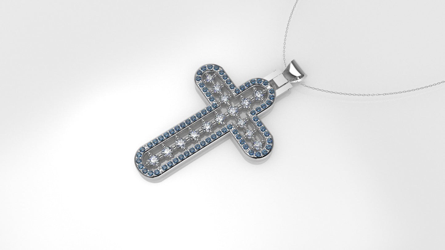 14K Pendant with 15 Diamonds 2mm each and 71 Blue Topaz 1mm each, Only Pendant, "Cross style"