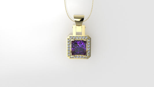 14K Pendant with 1 Amethyst 5.5mm and 24 Moissanite 1mm VS1 each, Only Pendant, "cut princess"