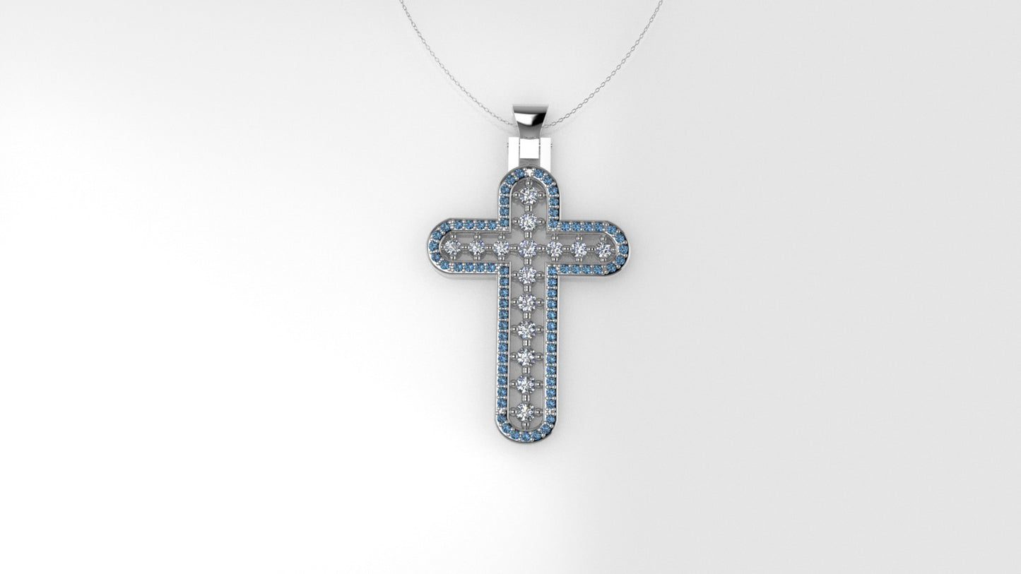 14K Pendant with 15 Diamonds 2mm each and 71 Blue Topaz 1mm each, Only Pendant, "Cross style"