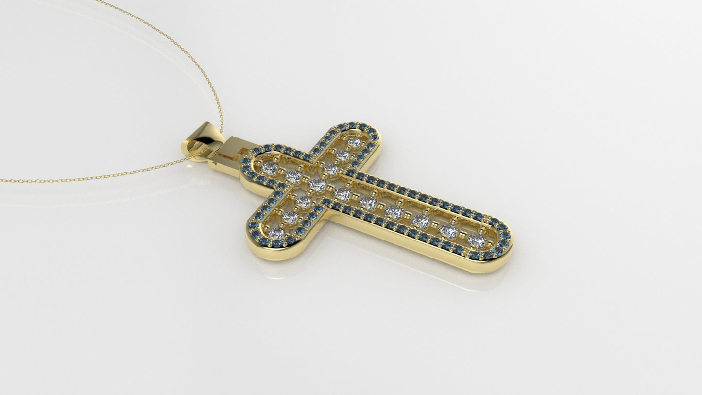 14K Pendant with 15 Diamonds 2mm each and 71 Blue Topaz 1mm each, Only Pendant, "Cross style"