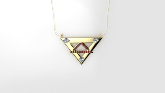 14K Pendant with 3 Diamonds 3mm each and 20 Ruby 1mm each, Only Pendant, "double triangle"