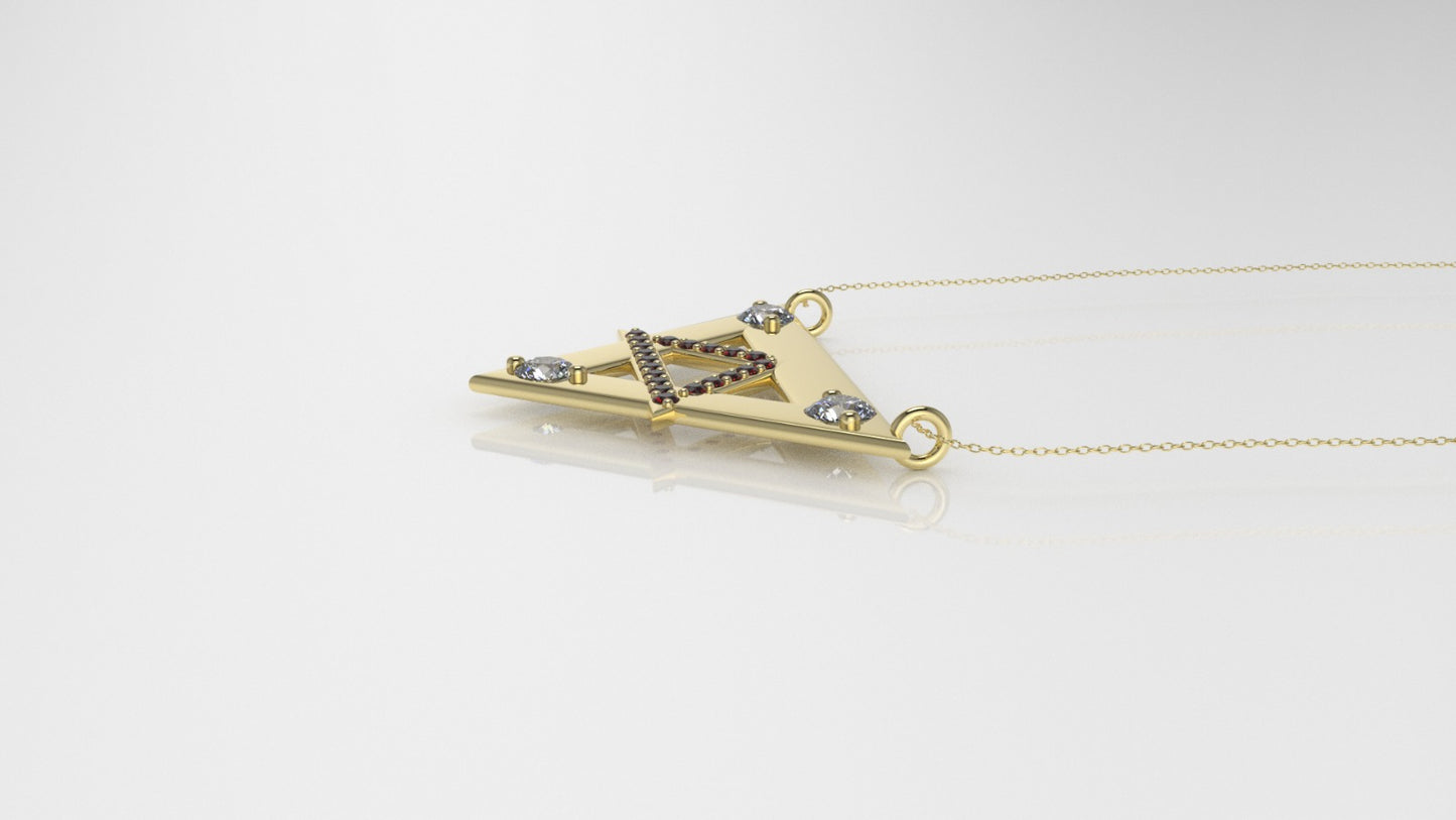 14K Pendant with 3 Diamonds 3mm each and 20 Ruby 1mm each, Only Pendant, "double triangle"