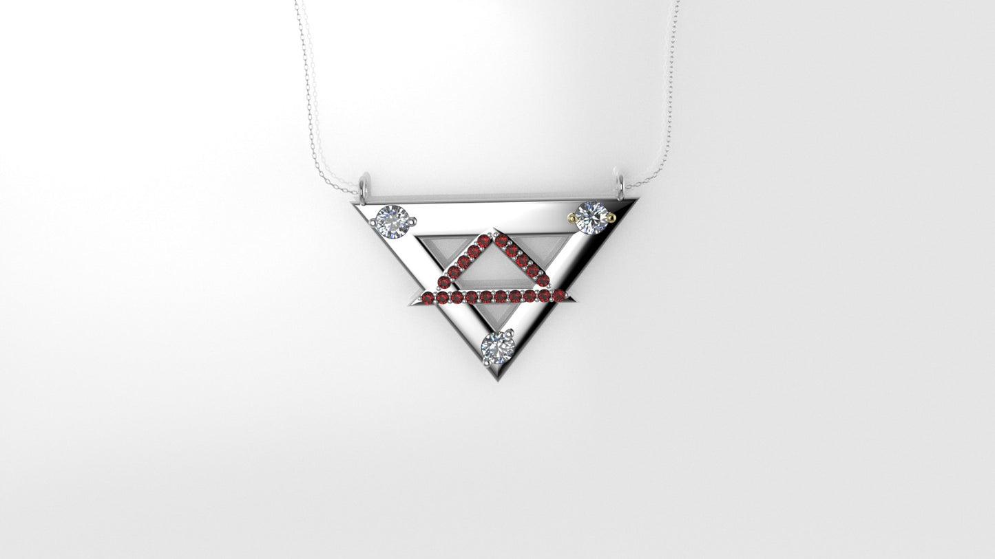 14K Pendant with 3 Diamonds 3mm each and 20 Ruby 1mm each, Only Pendant, "double triangle"