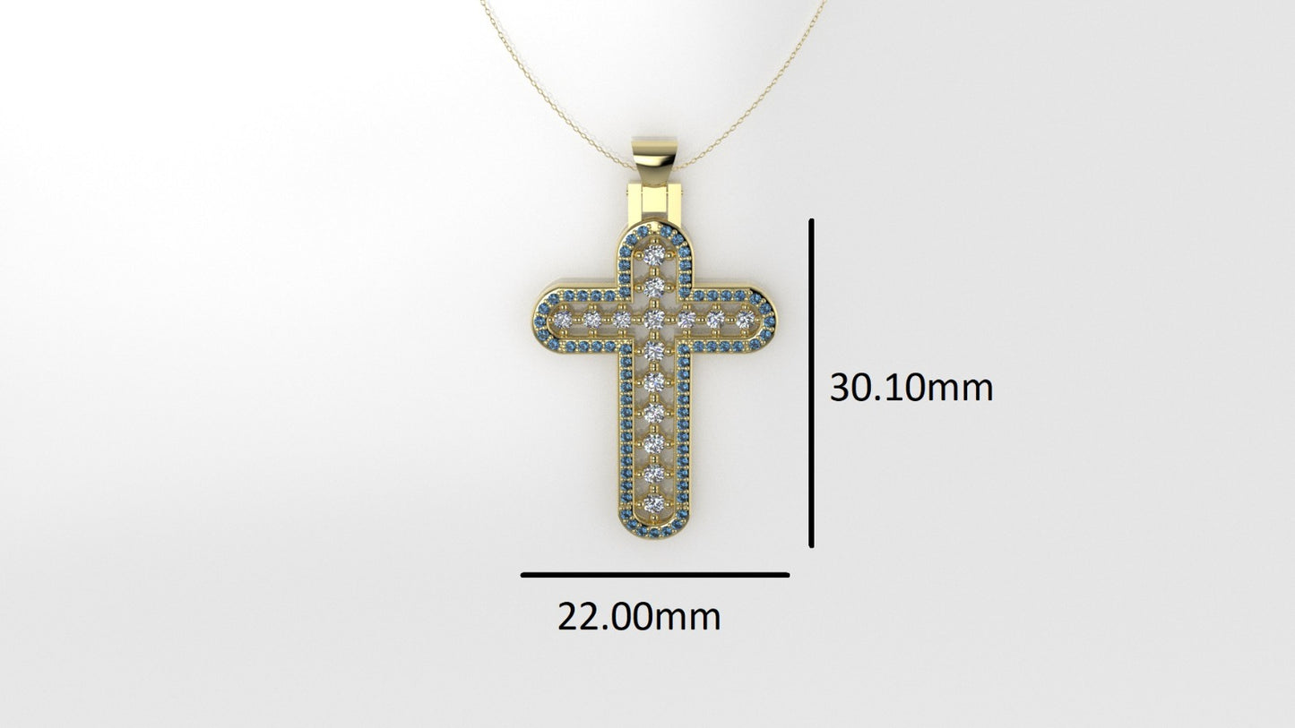 14K Pendant with 15 Diamonds 2mm each and 71 Blue Topaz 1mm each, Only Pendant, "Cross style"