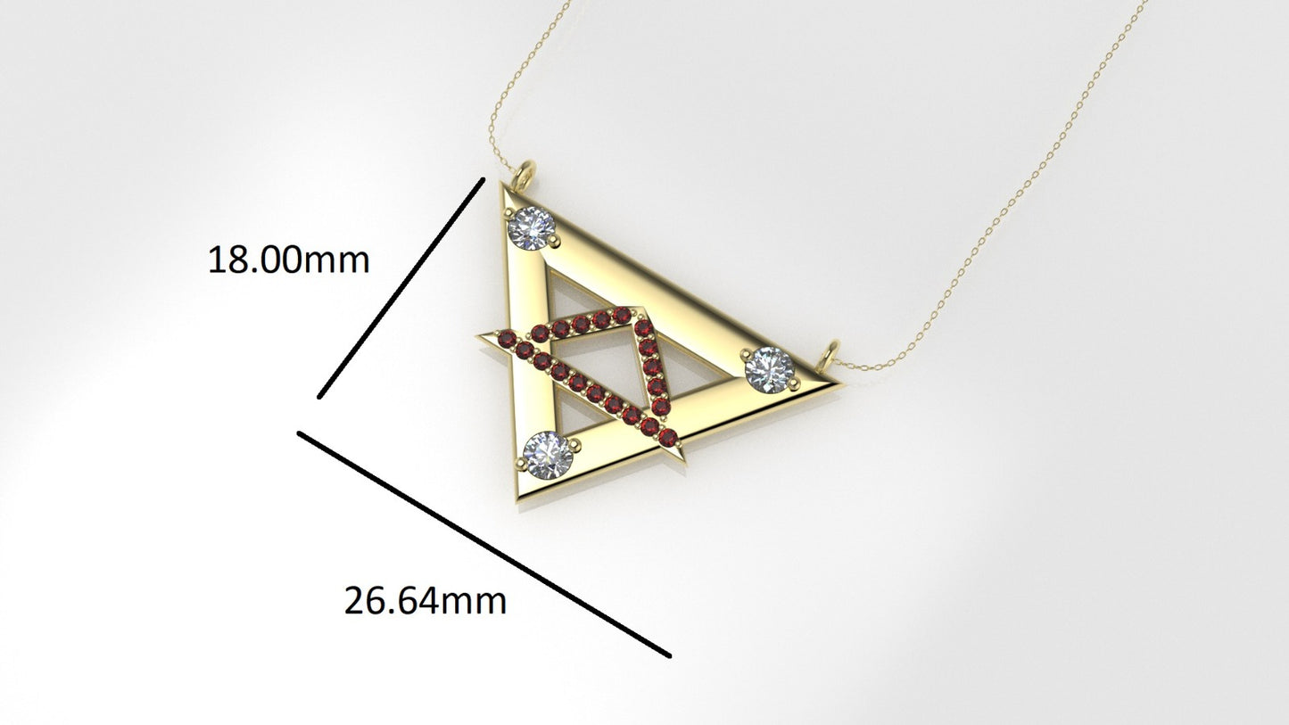 14K Pendant with 3 Diamonds 3mm each and 20 Ruby 1mm each, Only Pendant, "double triangle"