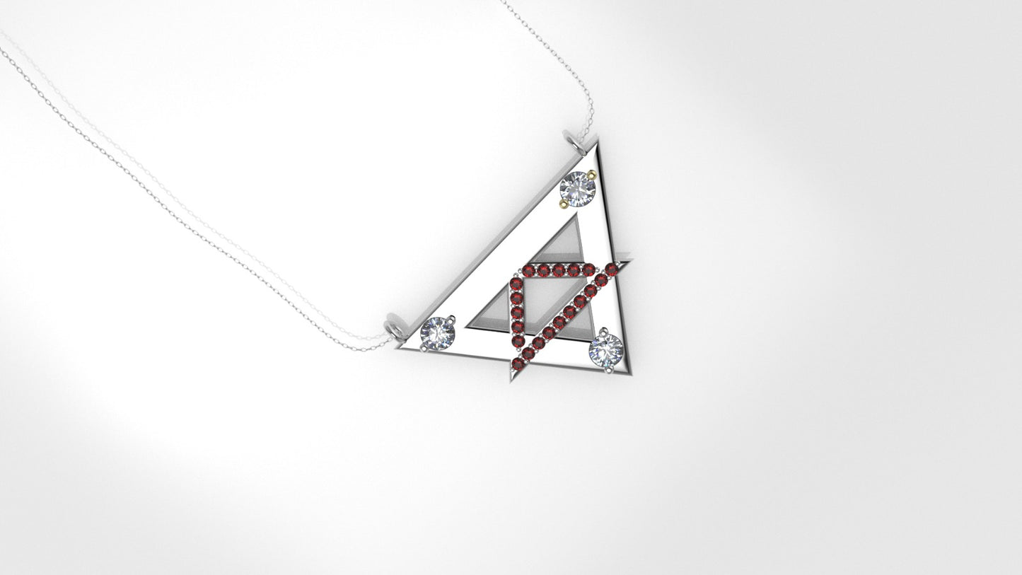 14K Pendant with 3 Diamonds 3mm each and 20 Ruby 1mm each, Only Pendant, "double triangle"