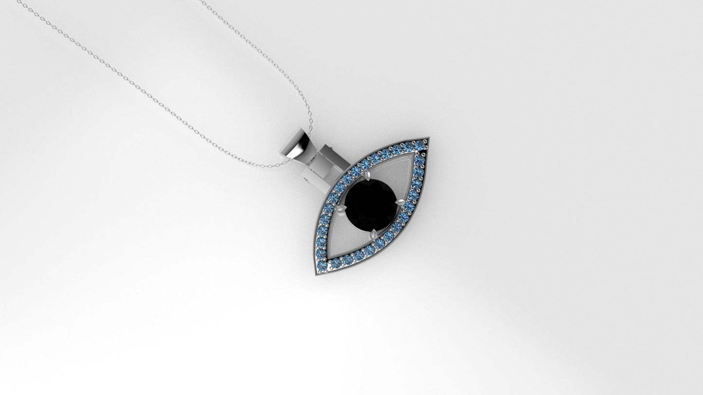 14K Pendant with 1 Black Diamond & 29 Blue Topaz, Lucky Eye Style, Only Pendant