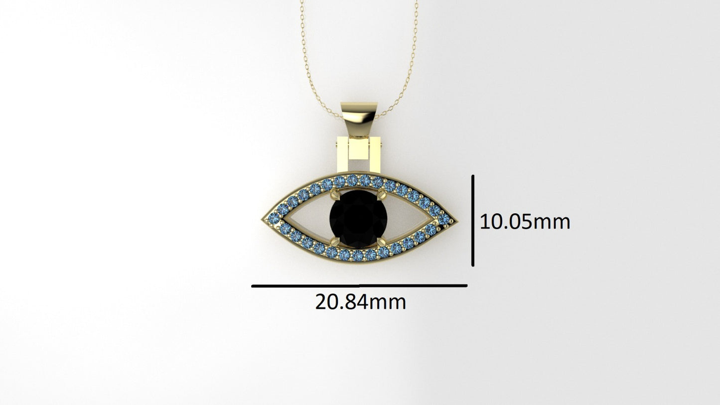 14K Pendant with 1 Black Diamond & 29 Blue Topaz, Lucky Eye Style, Only Pendant