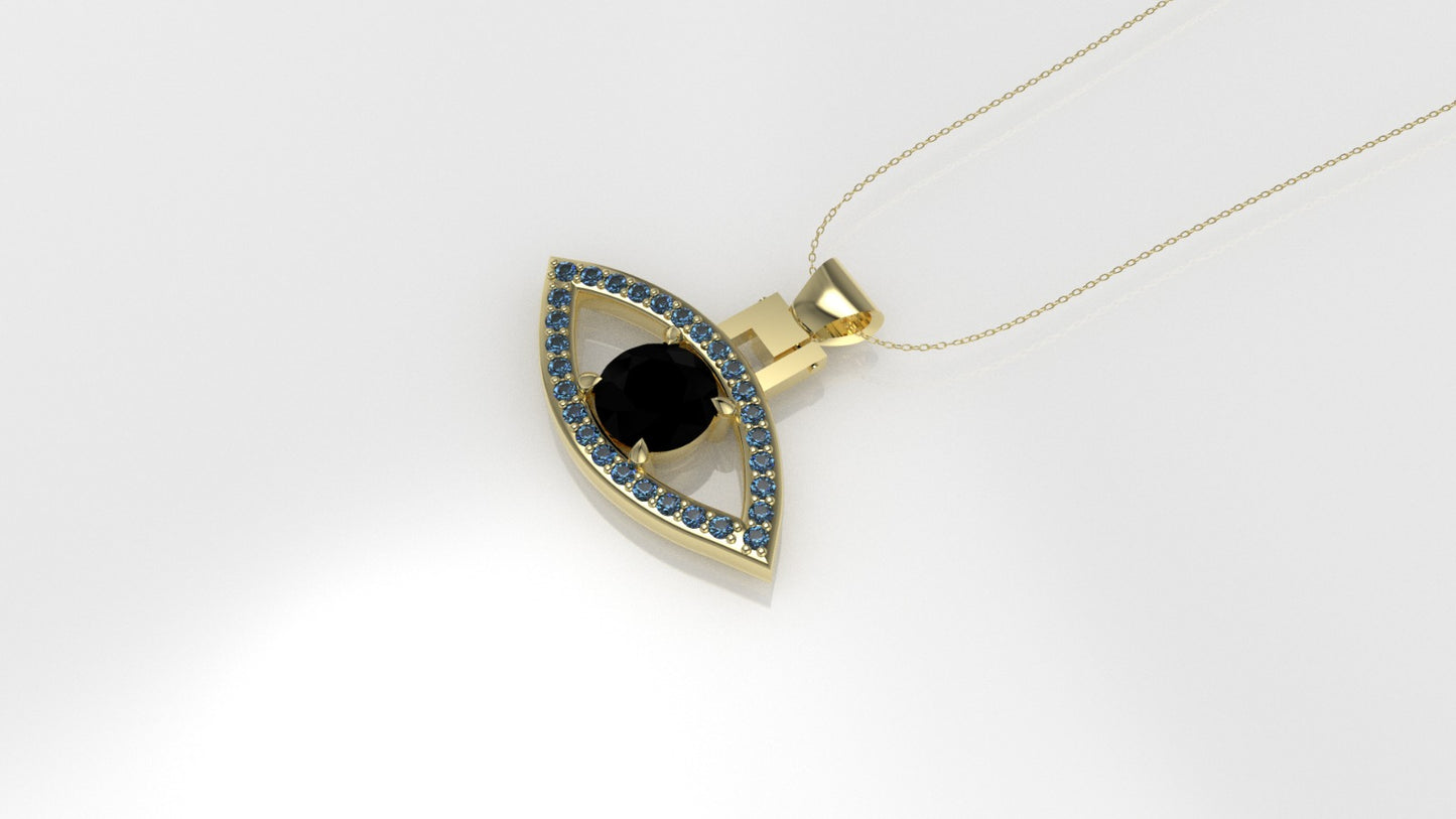 14K Pendant with 1 Black Diamond & 29 Blue Topaz, Lucky Eye Style, Only Pendant