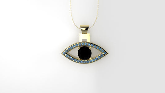 14K Pendant with 1 Black Diamond & 29 Blue Topaz, Lucky Eye Style, Only Pendant