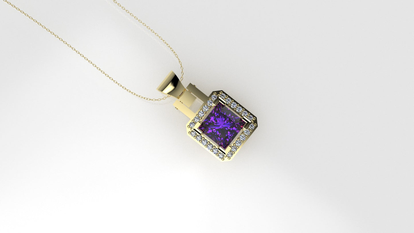 14K Pendant with 1 Amethyst 5.5mm and 24 Moissanite 1mm VS1 each, Only Pendant, "cut princess"