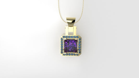 14K Pendant with 1 Amethyst 5.5mm and 24 Blue Topaz 1mm each, Only Pendant, "cut princess"