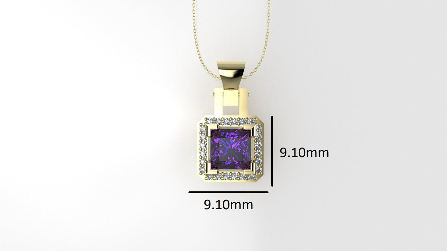 14K Pendant with 1 Amethyst 5.5mm and 24 Moissanite 1mm VS1 each, Only Pendant, "cut princess"