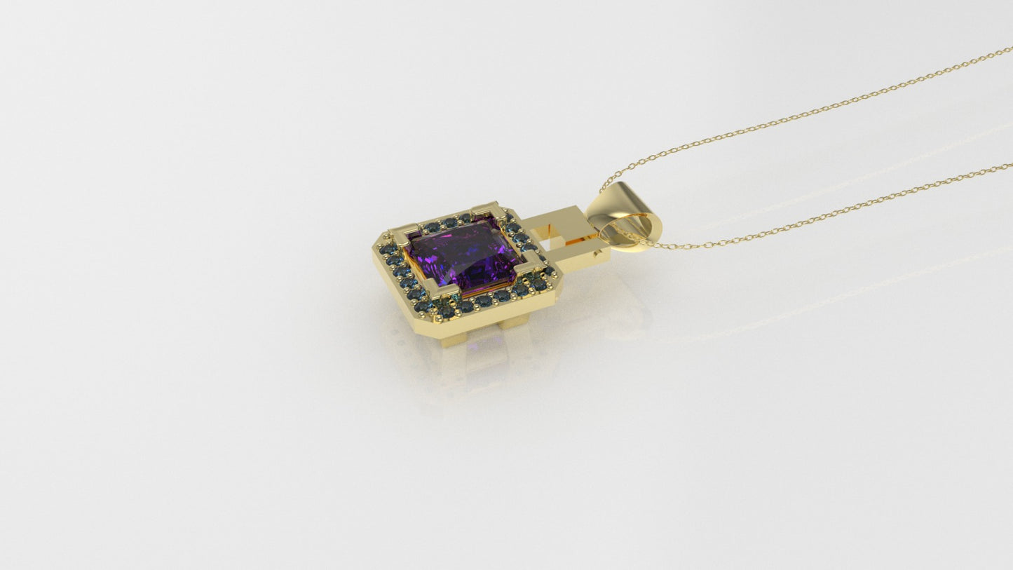 14K Pendant with 1 Amethyst 5.5mm and 24 Blue Topaz 1mm each, Only Pendant, "cut princess"