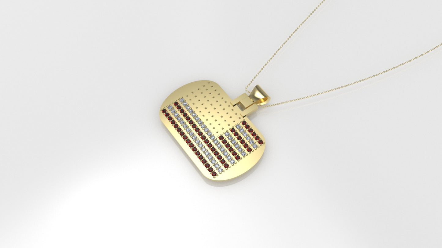 14K Pendant with 74 Diamonds 1mm each and 24 Ruby 1mm each, Only Pendant, "United States Flag Style"