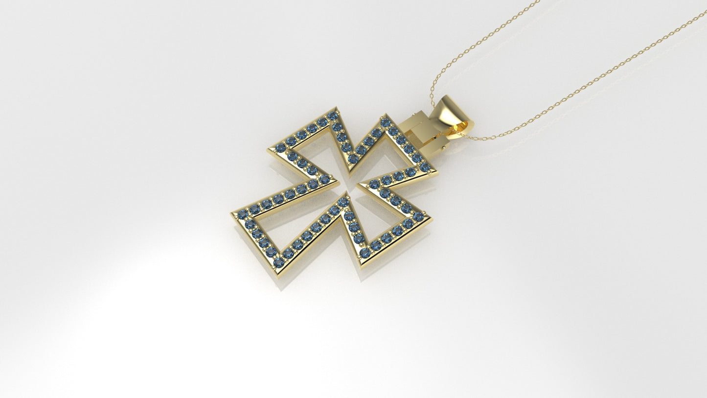 14K Pendant with 58 Blue Topaz 1mm each, "Cross Style", Only Pendant