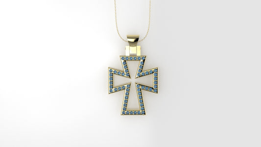 14K Pendant with 58 Blue Topaz 1mm each, "Cross Style", Only Pendant