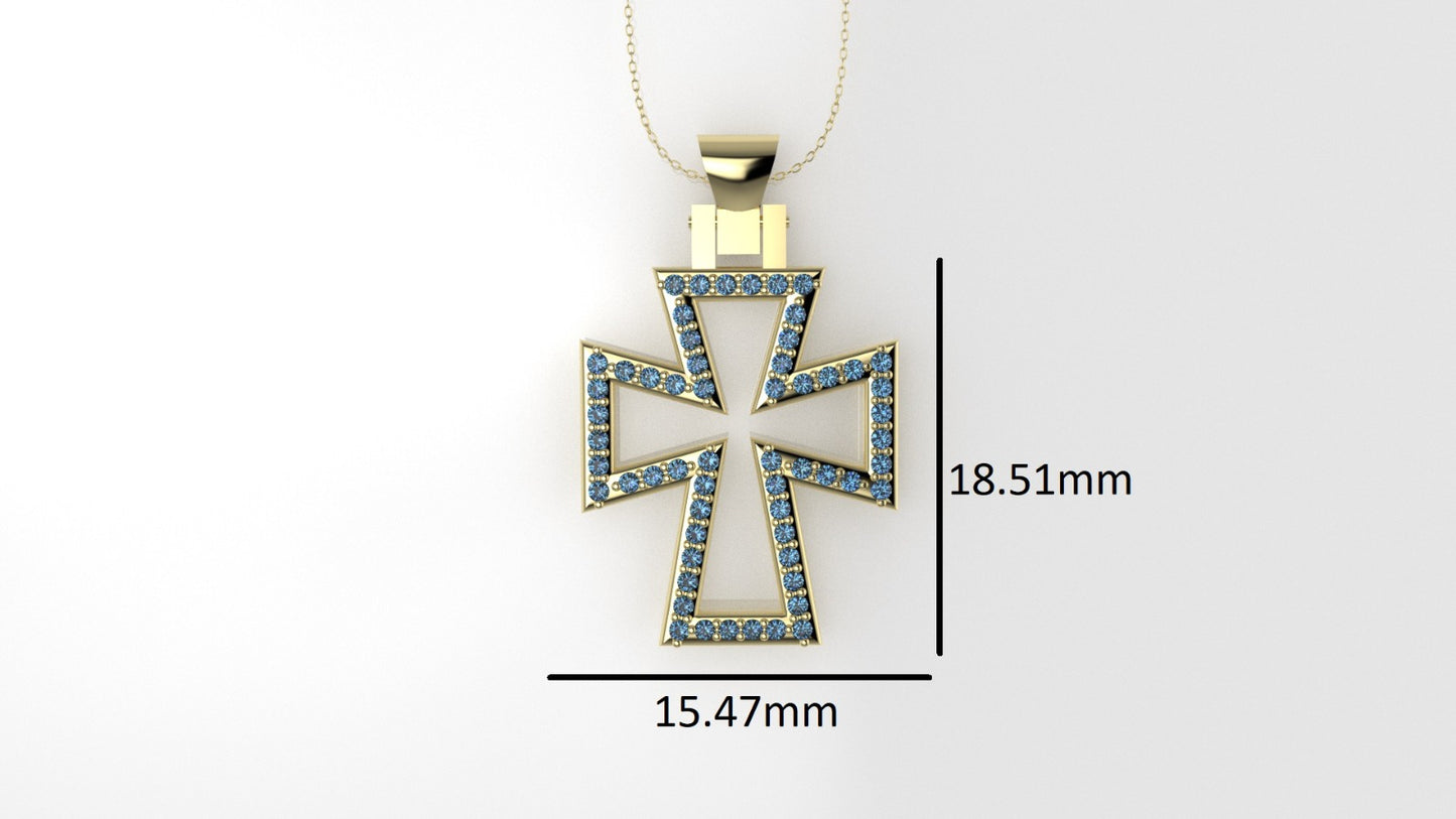14K Pendant with 58 Blue Topaz 1mm each, "Cross Style", Only Pendant