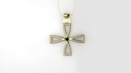 14K Pendant with 62 Moissanite 1mm VS1 each and 1 Diamond Black 2mm, "Cross Style", Only Pendant