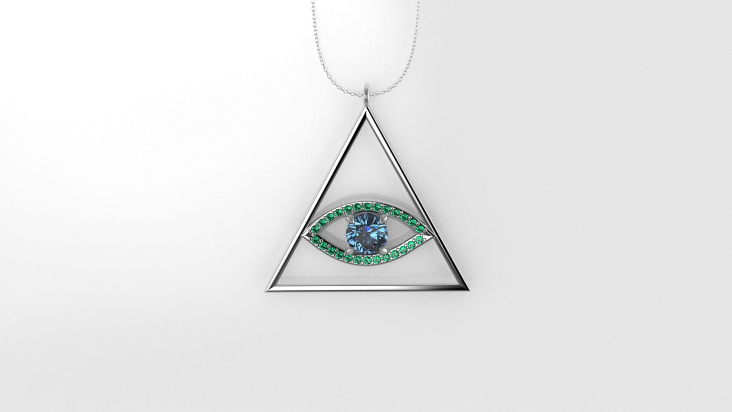 14K Pendant with 26 Emerald 1mm each and 1 Blue Topaz 5mm, Only Pendant, "sacred eye of the pyramid"