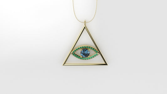 14K Pendant with 26 Emerald 1mm each and 1 Blue Topaz 5mm, Only Pendant, "sacred eye of the pyramid"