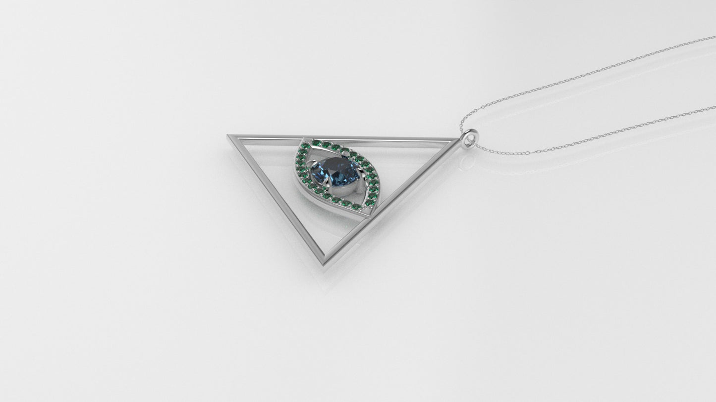 14K Pendant with 26 Emerald 1mm each and 1 Blue Topaz 5mm, Only Pendant, "sacred eye of the pyramid"