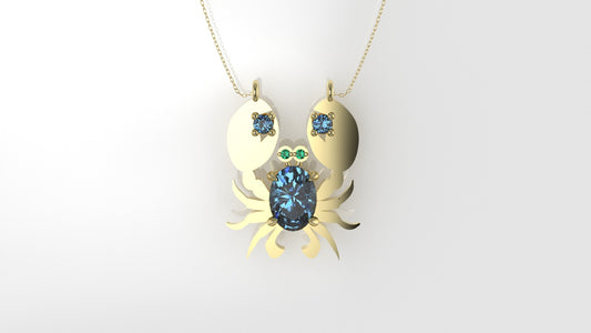 14K Pendant with 3 Blue Topaz and 2 Emerald, "figure of a crab in solid gold", Only Pendant