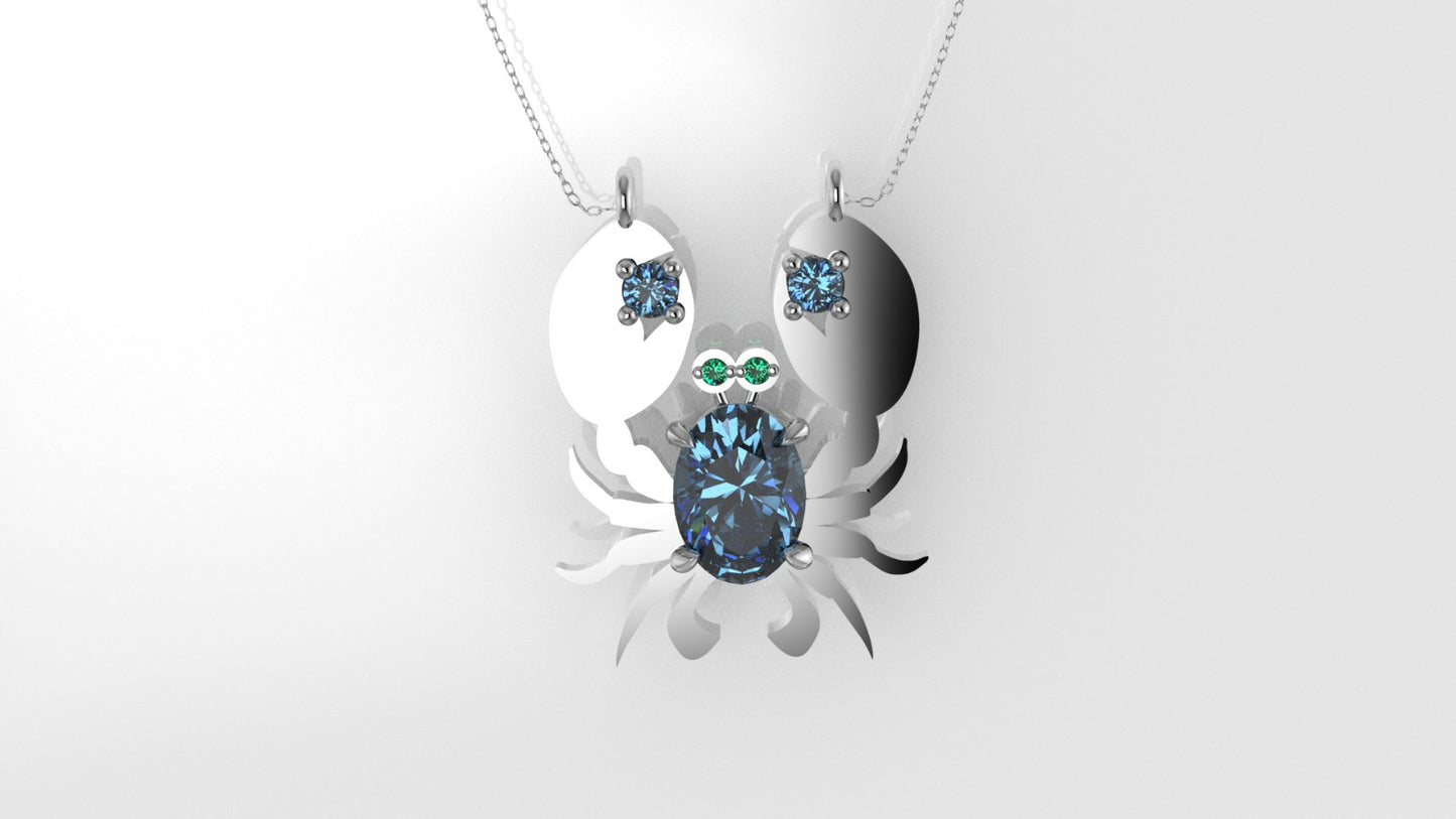 14K Pendant with 3 Blue Topaz and 2 Emerald, "figure of a crab in solid gold", Only Pendant