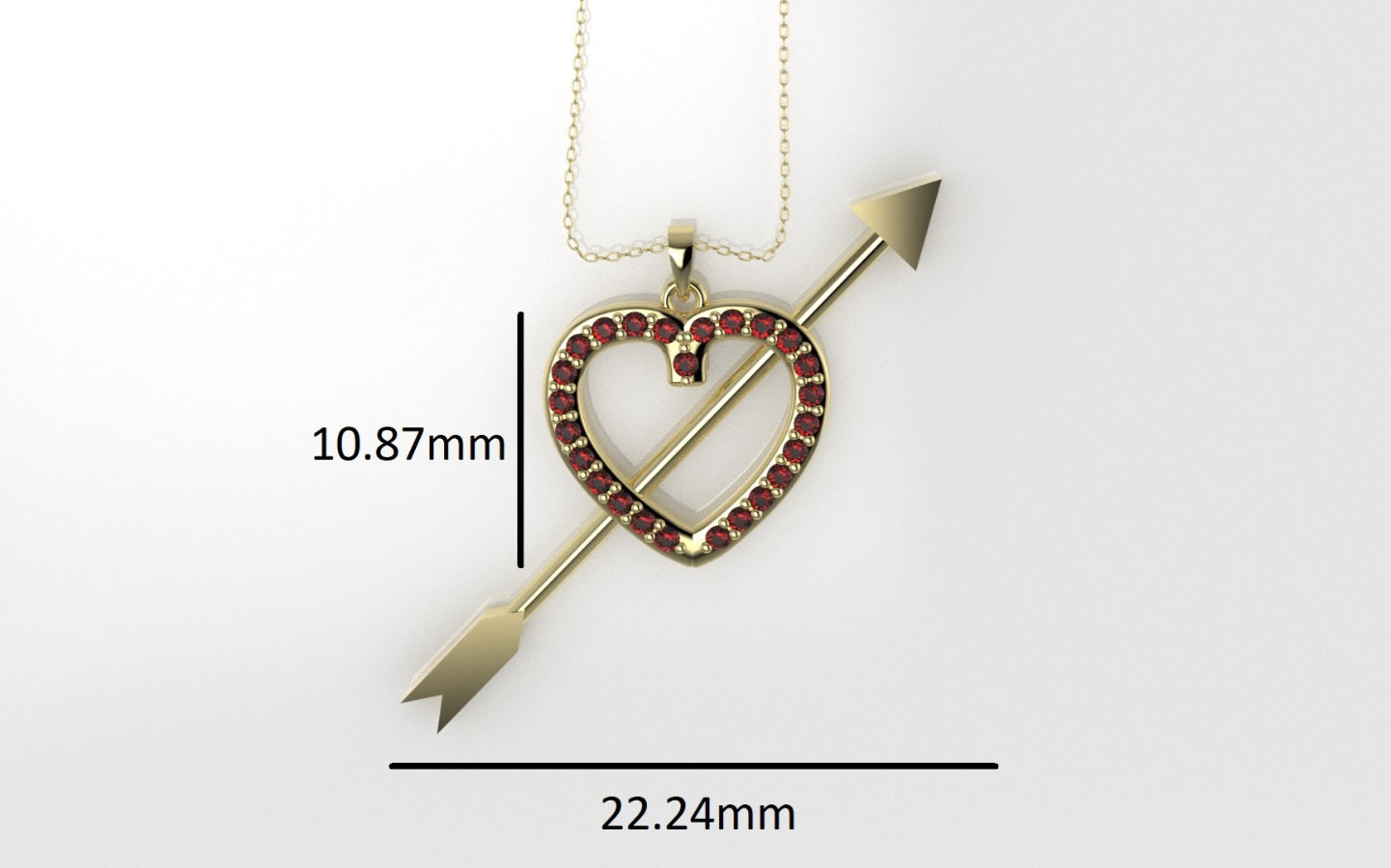 14K Pendant with 25 Ruby 1mm, Only Pendant, "heart crossed with an arrow"