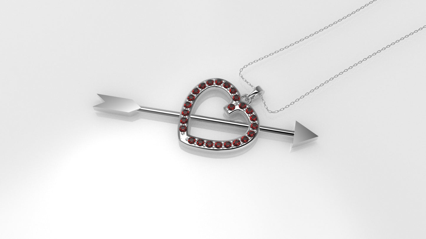 14K Pendant with 25 Ruby 1mm, Only Pendant, "heart crossed with an arrow"