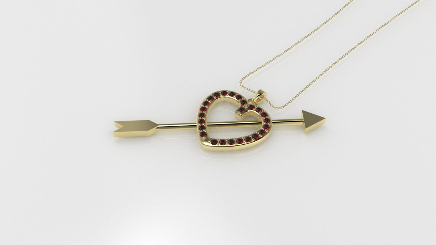 14K Pendant with 25 Ruby 1mm, Only Pendant, "heart crossed with an arrow"