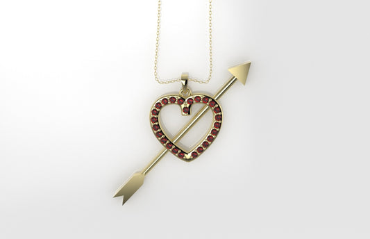 14K Pendant with 25 Ruby 1mm, Only Pendant, "heart crossed with an arrow"