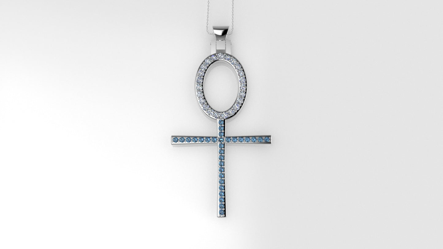 14K Pendant with 23 Diamond 1.5mm VS1 each and 30 Blue Topaz 1.2mm each, "Cross Style", Only Pendant