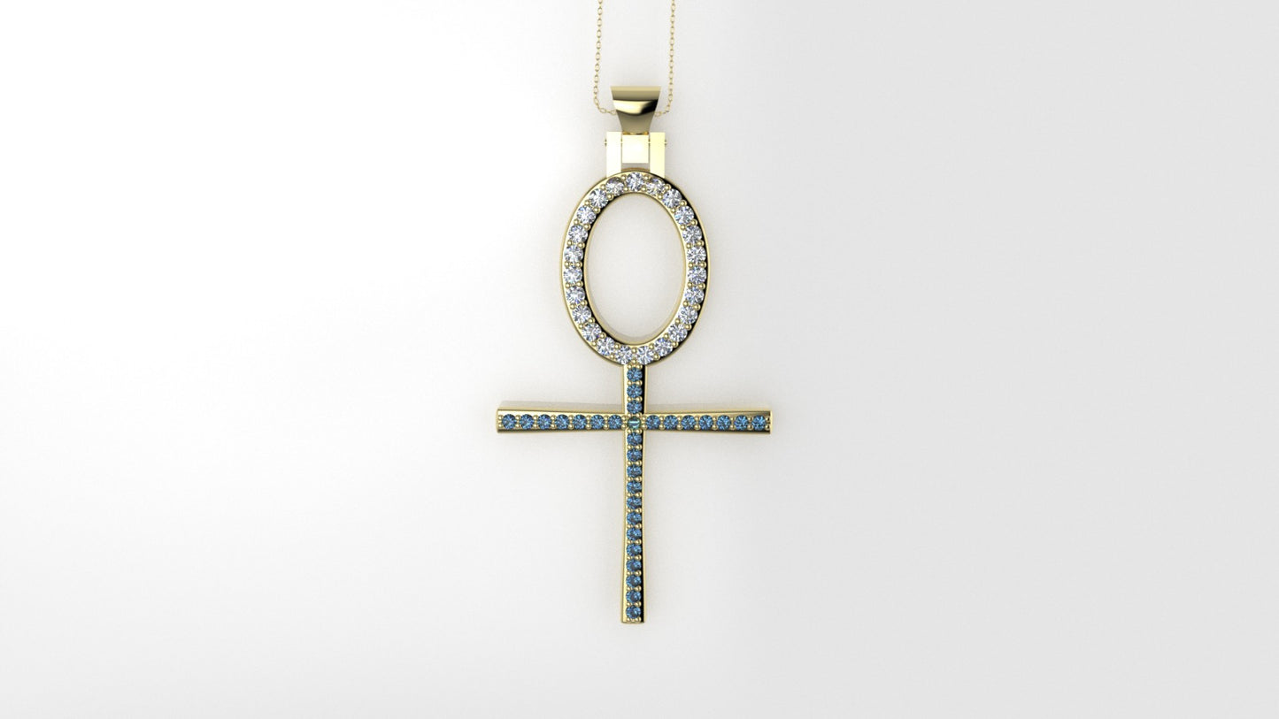 14K Pendant with 23 Diamond 1.5mm VS1 each and 30 Blue Topaz 1.2mm each, "Cross Style", Only Pendant