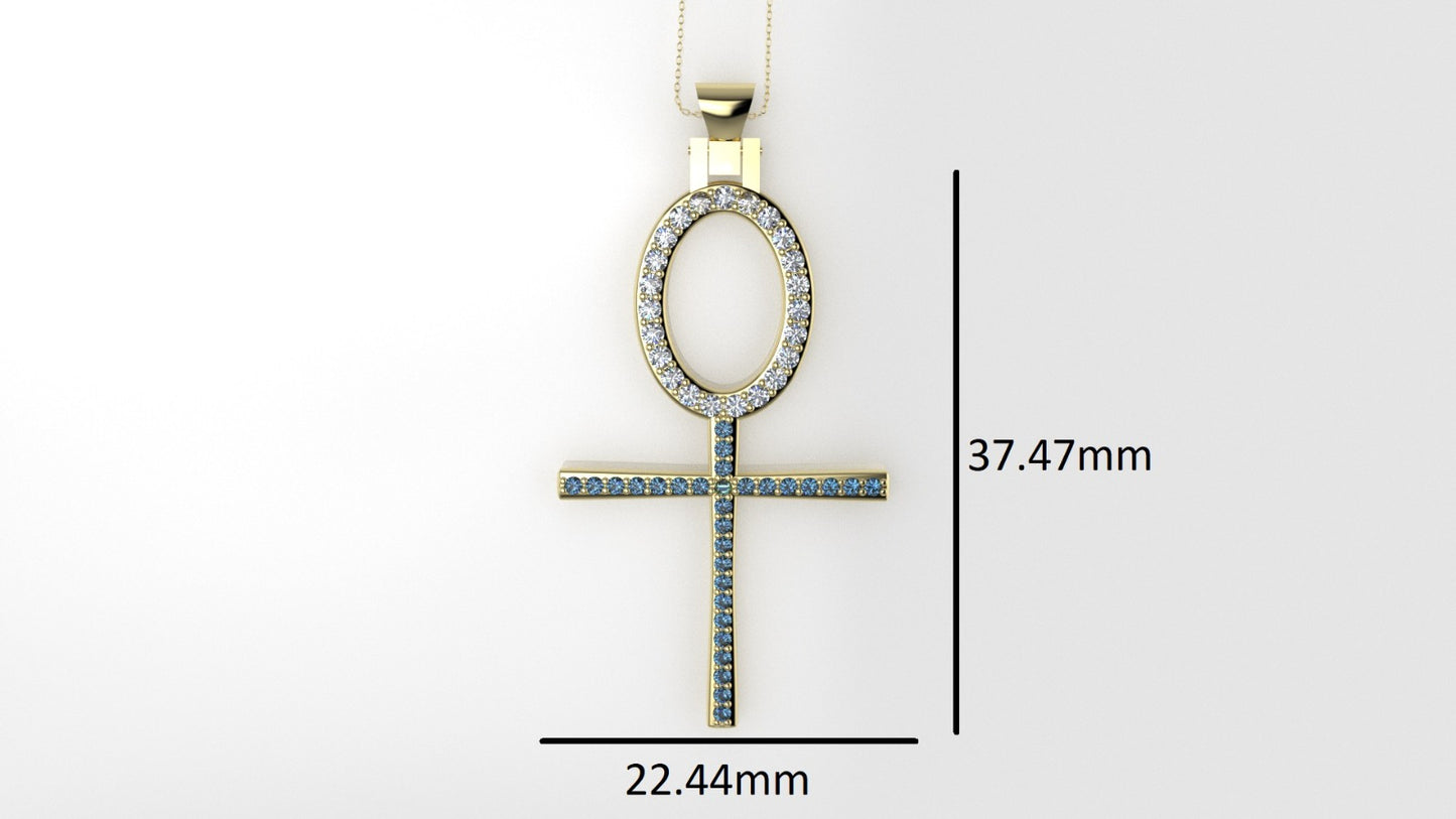 14K Pendant with 23 Diamond 1.5mm VS1 each and 30 Blue Topaz 1.2mm each, "Cross Style", Only Pendant