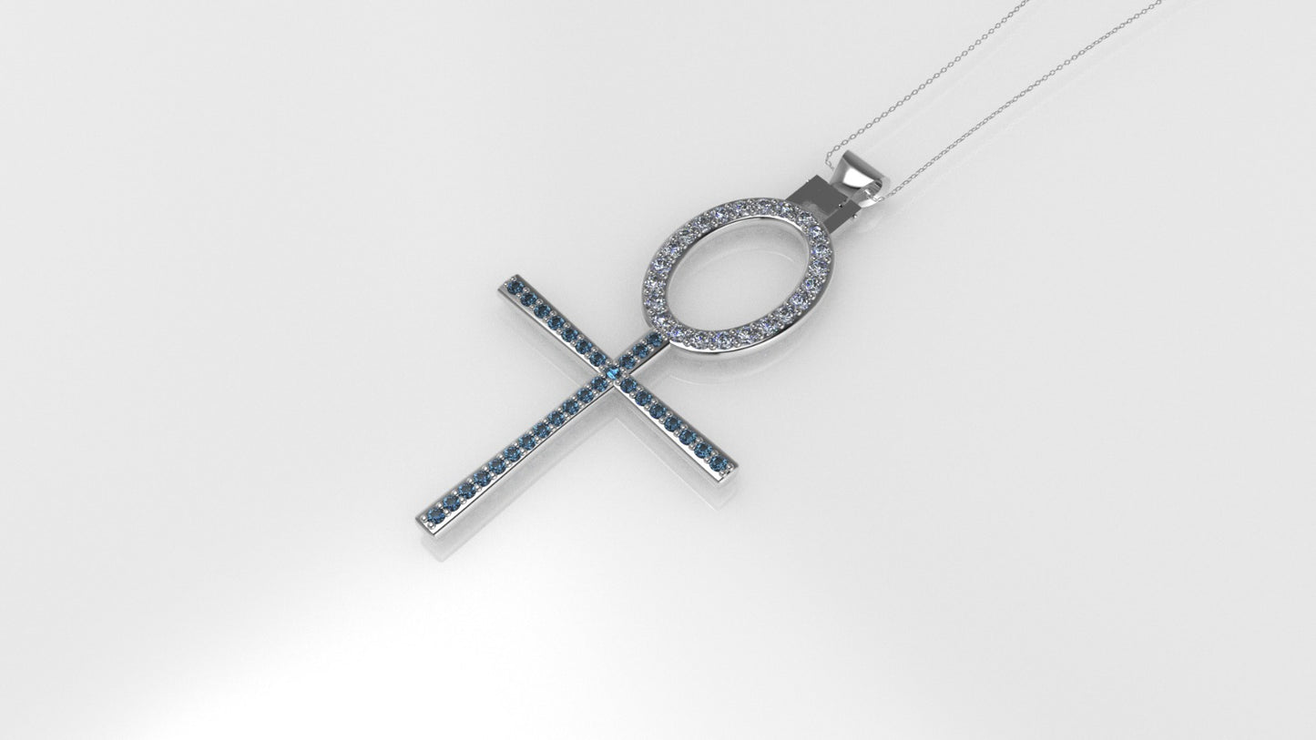 14K Pendant with 23 Diamond 1.5mm VS1 each and 30 Blue Topaz 1.2mm each, "Cross Style", Only Pendant