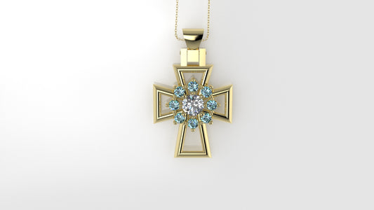 14K Pendant with 1 Moissanite 4mm VS1 and 8 Aquamarine 2mm each, Only Pendant, "Cross Style with Prongs"